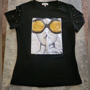 PESION graphic tee sequin sunglasses bead sleeve Large